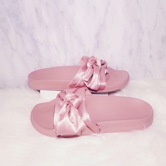 New Silk Bow Slide Slip On Satin Pink Sandals - Picture 3 of 4